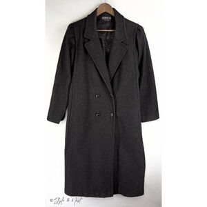 VTG Jofeld Women's Black Long Overcoat Wool Blend Trench Coat Double Breasted XL